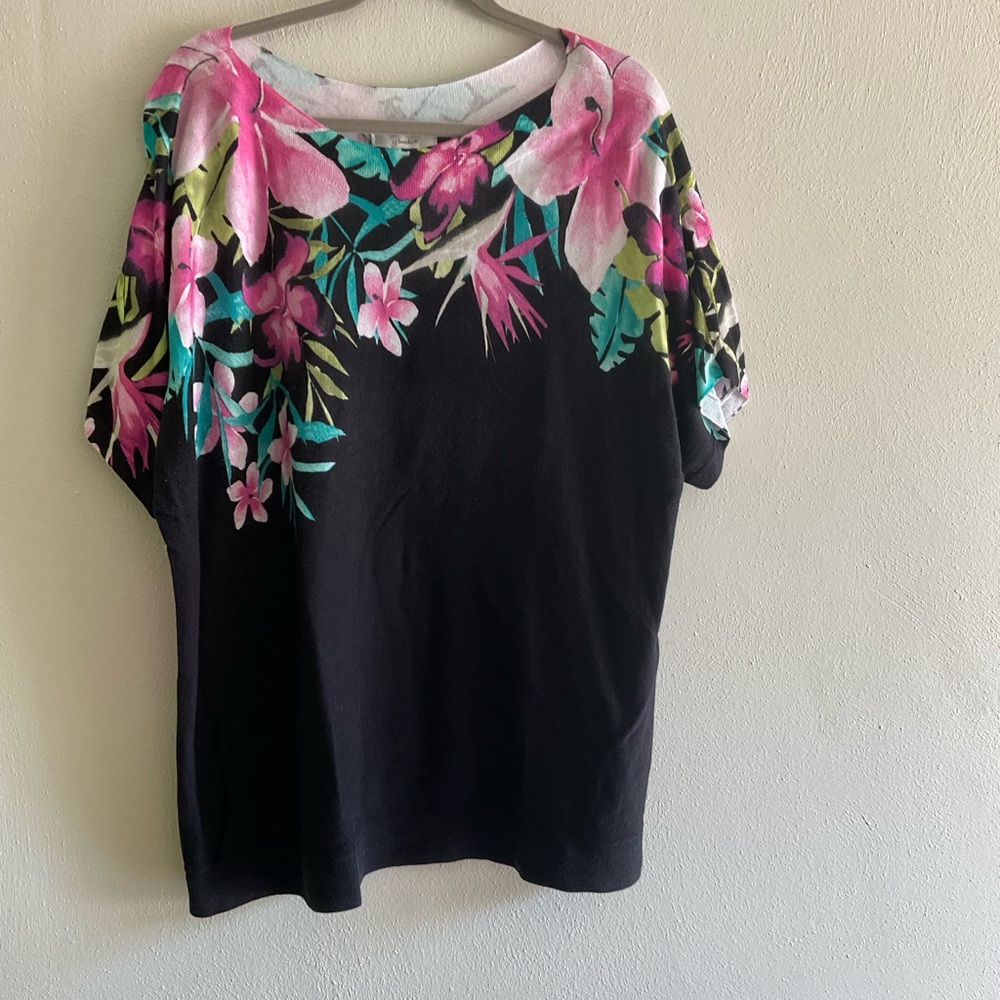 CJ Banks Black Top with Pink Floral Design
